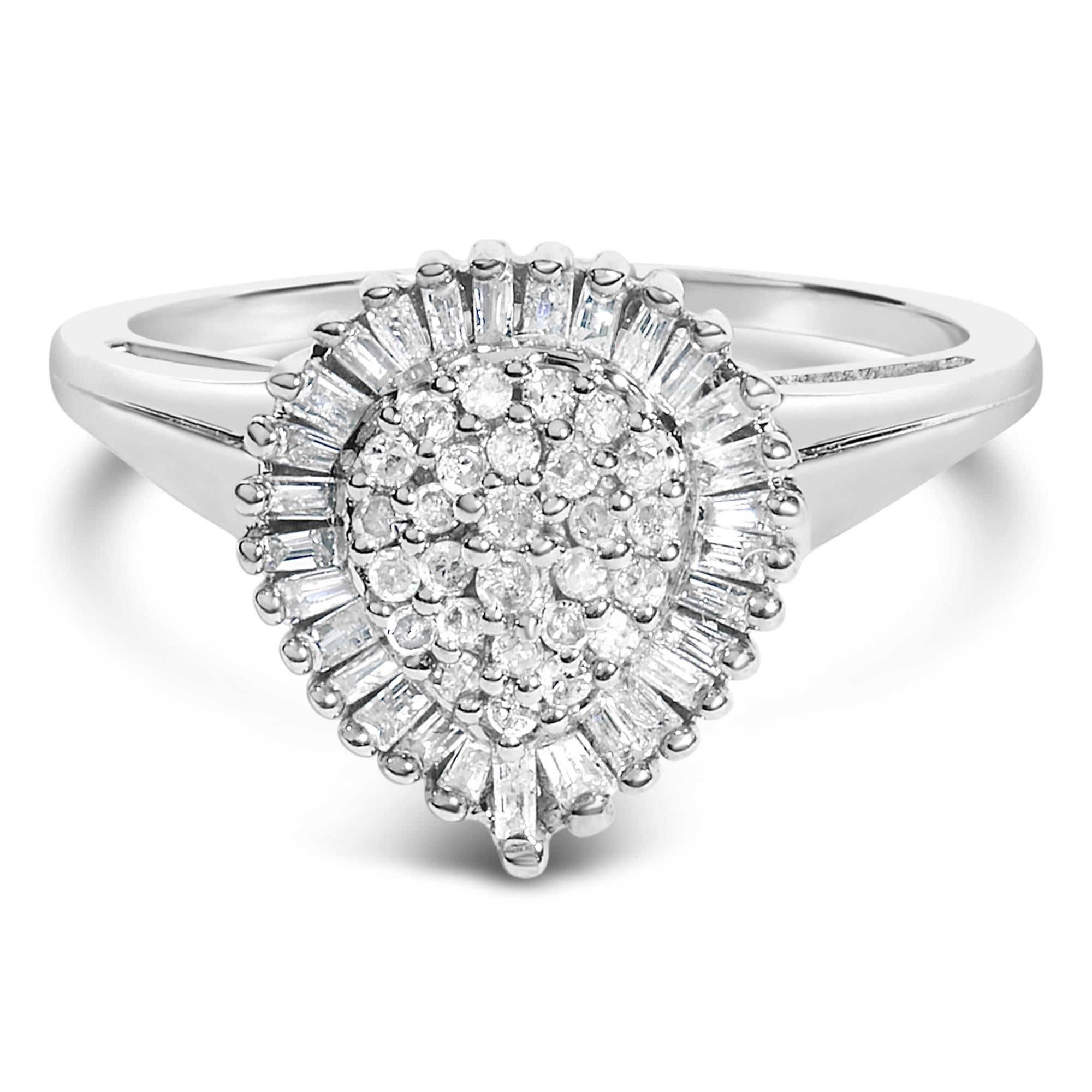 10K White Gold 1/2 Cttw Round & Baguette Cut Diamond Pear Shaped Domed Pavé Cluster with Halo Cocktail Ring (H-I Color, SI1-SI2 Clarity)
