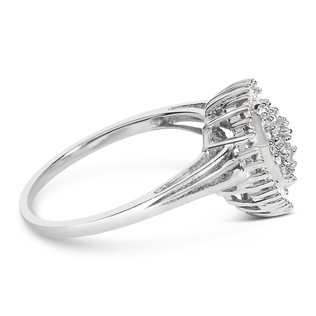 10K White Gold 1/2 Cttw Round & Baguette Cut Diamond Pear Shaped Domed Pavé Cluster with Halo Cocktail Ring (H-I Color, SI1-SI2 Clarity)
