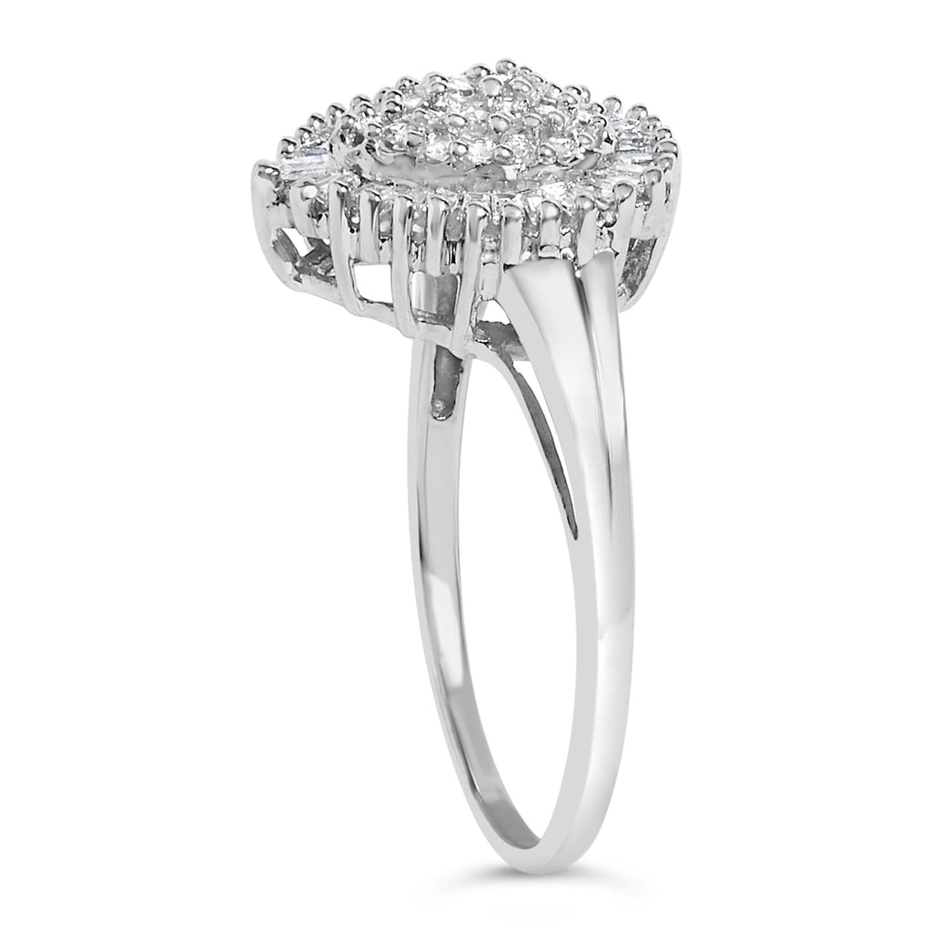 10K White Gold 1/2 Cttw Round & Baguette Cut Diamond Pear Shaped Domed Pavé Cluster with Halo Cocktail Ring (H-I Color, SI1-SI2 Clarity)