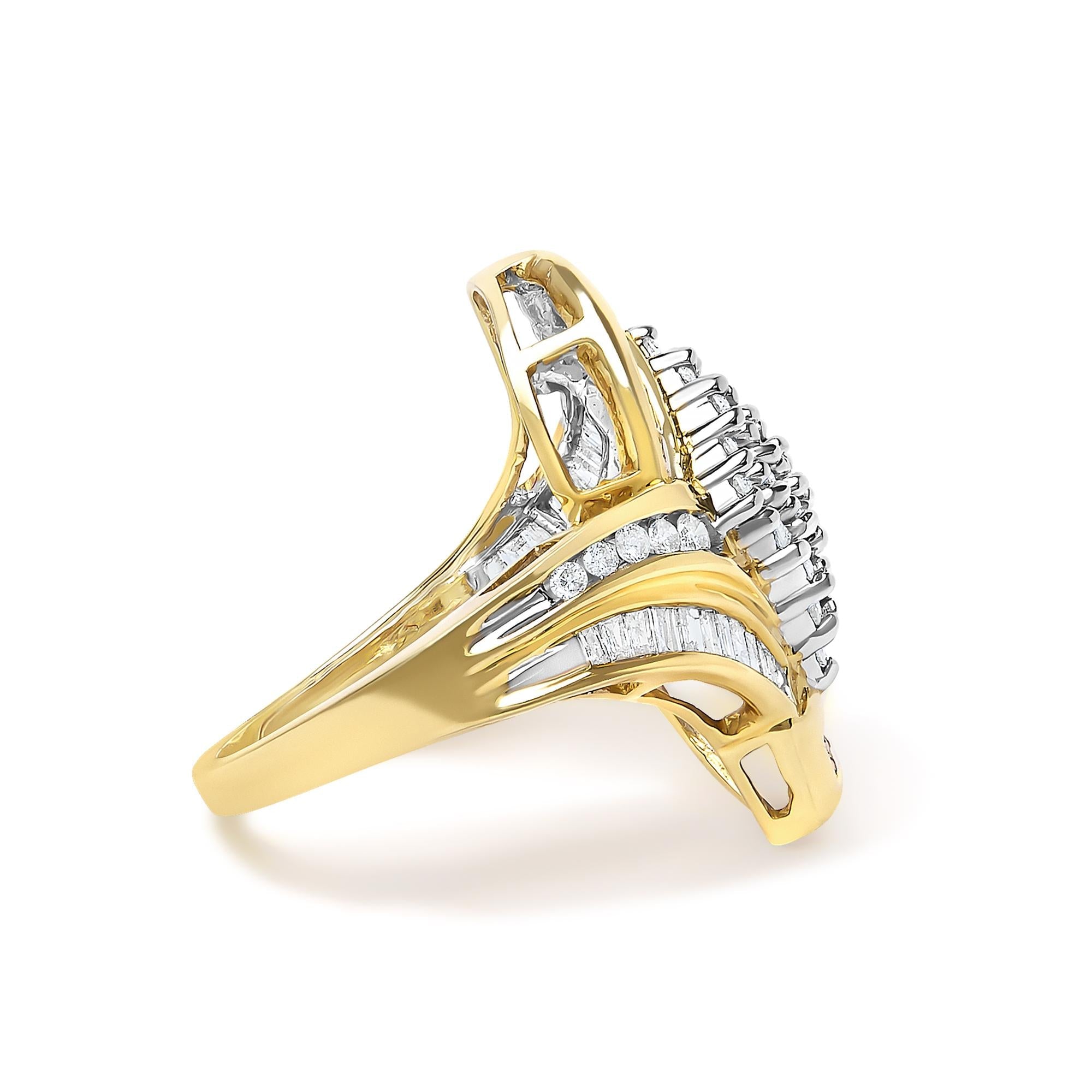 14K Yellow Gold 1-1/3 Cttw Round and Baguette Diamond Bypass Cocktail Ring