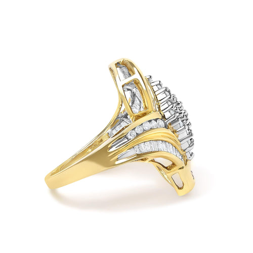 14K Yellow Gold 1-1/3 Cttw Round and Baguette Diamond Bypass Cocktail Ring
