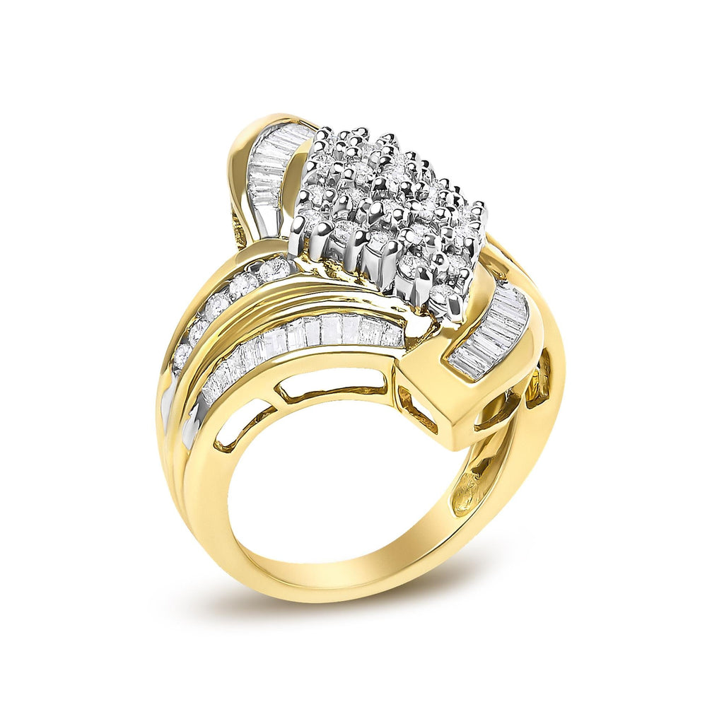 14K Yellow Gold 1-1/3 Cttw Round and Baguette Diamond Bypass Cocktail Ring