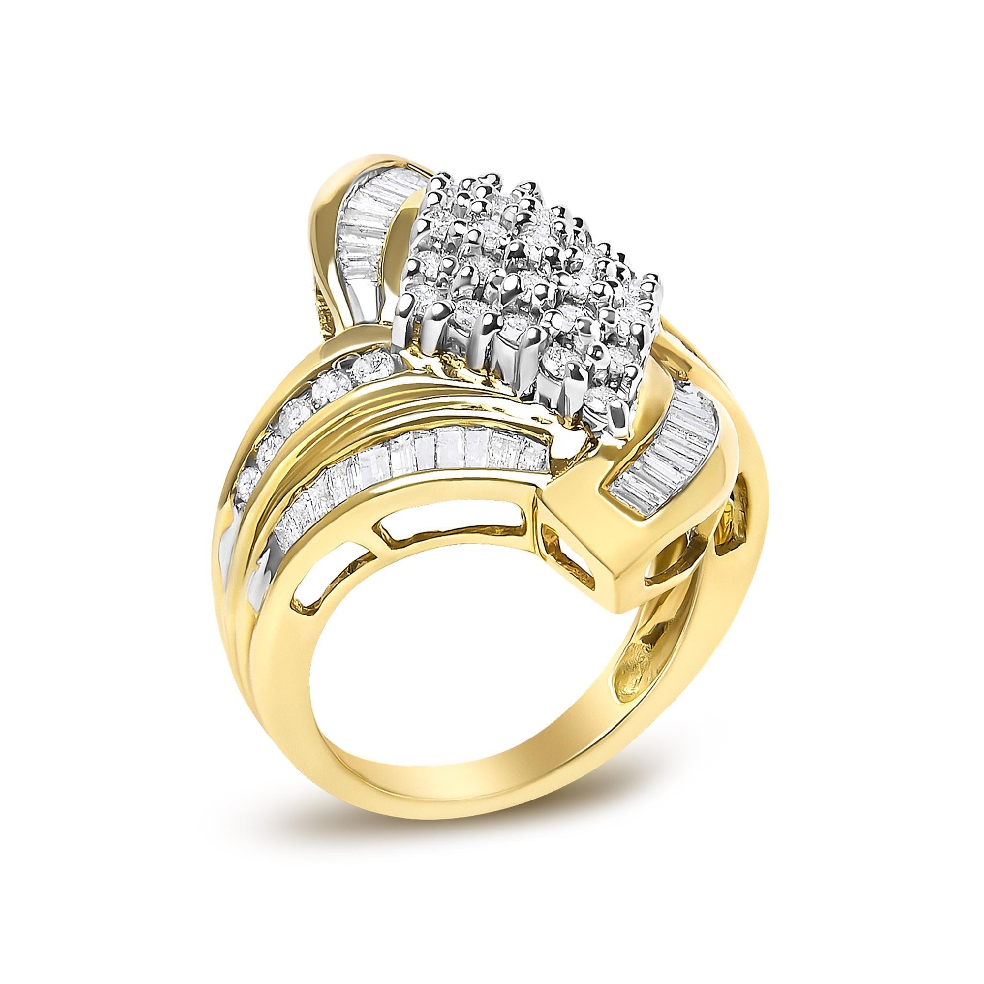14K Yellow Gold 1-1/3 Cttw Round and Baguette Diamond Bypass Cocktail Ring