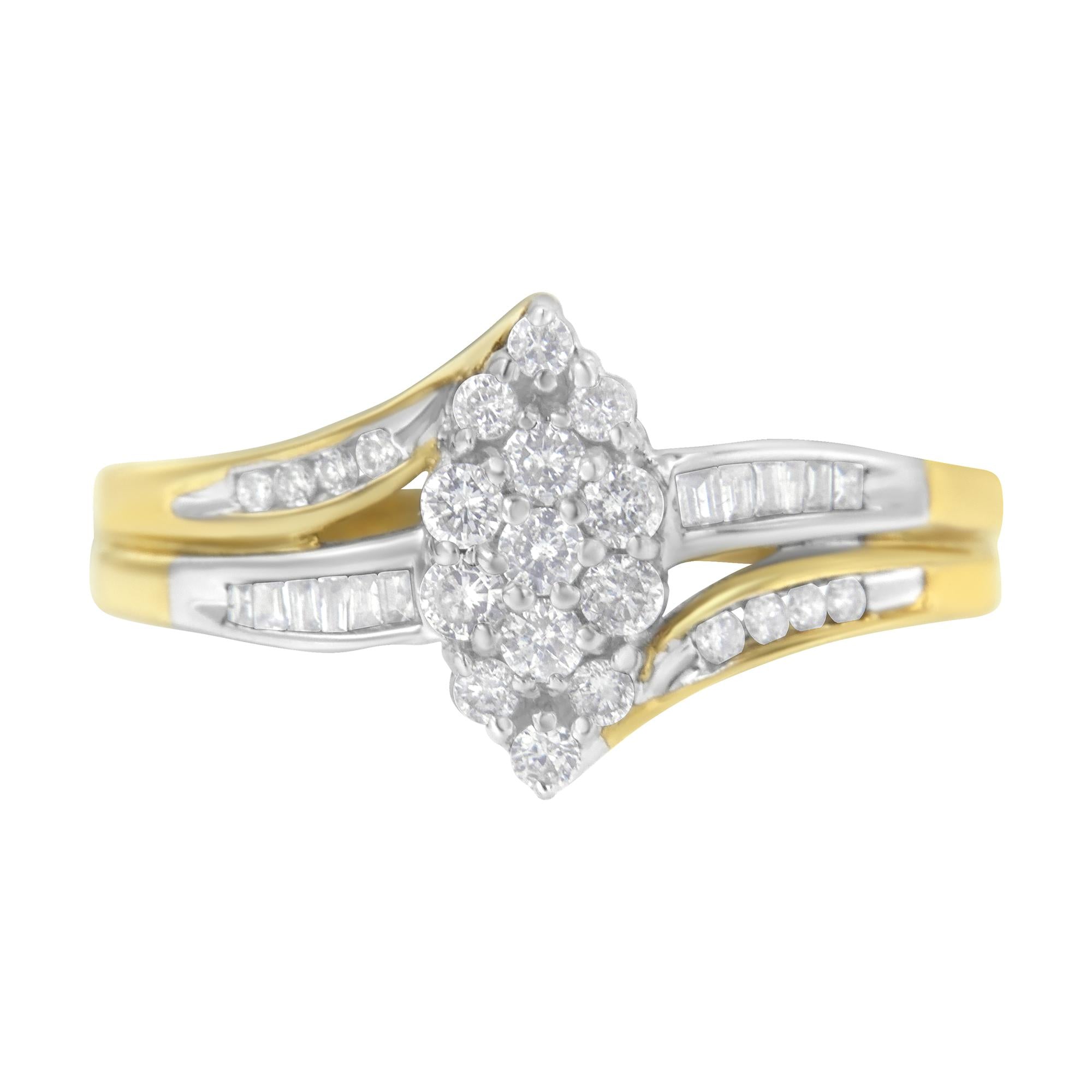 10K Yellow and White Gold 1/2 Cttw Diamond Marquise Shaped Cluster Split Shank Ring (H-I Color, SI2-I1 Clarity)