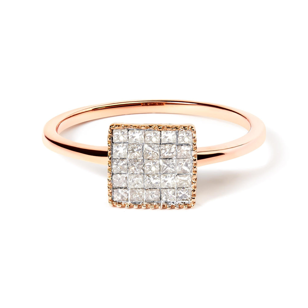 10K Rose Gold 1/3 Cttw Invisible Set Princess Cut Diamond Composite Square Shape Ring for Women (H-I color, I1-I2 clarity)