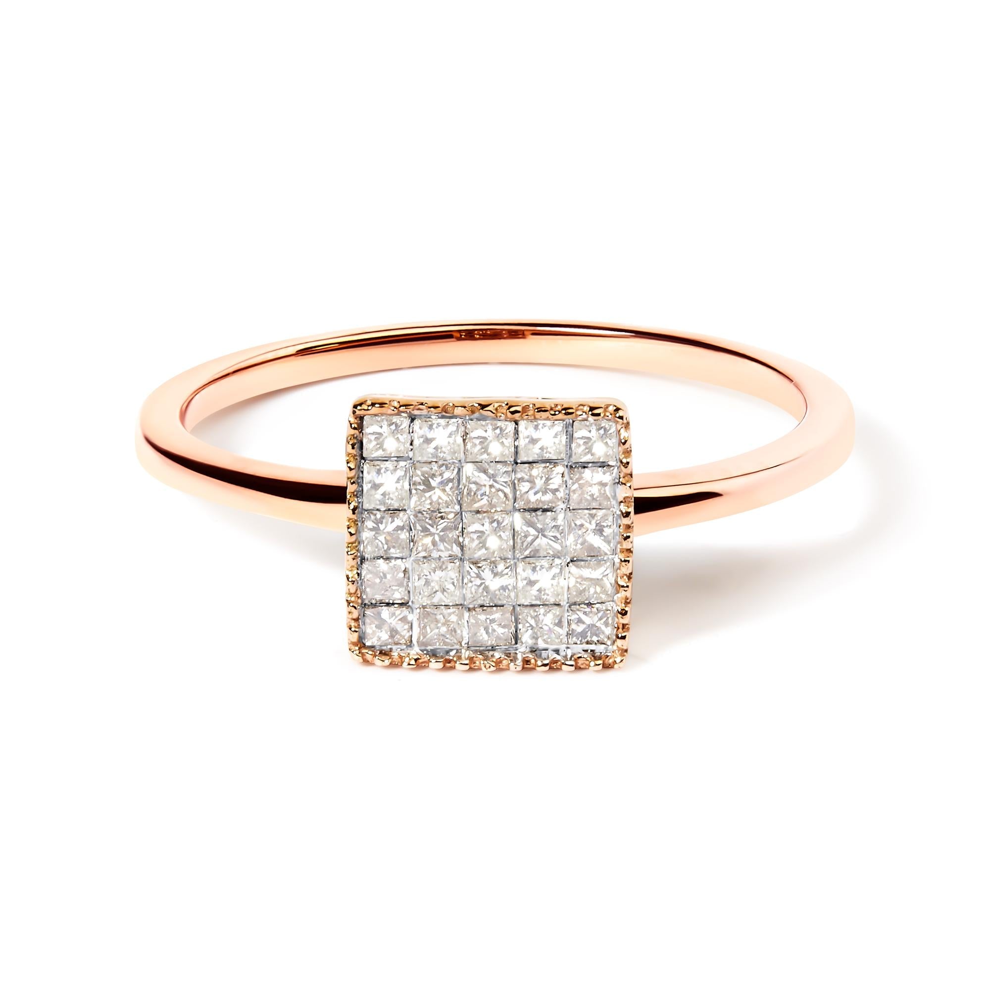 10K Rose Gold 1/3 Cttw Invisible Set Princess Cut Diamond Composite Square Shape Ring for Women (H-I color, I1-I2 clarity)