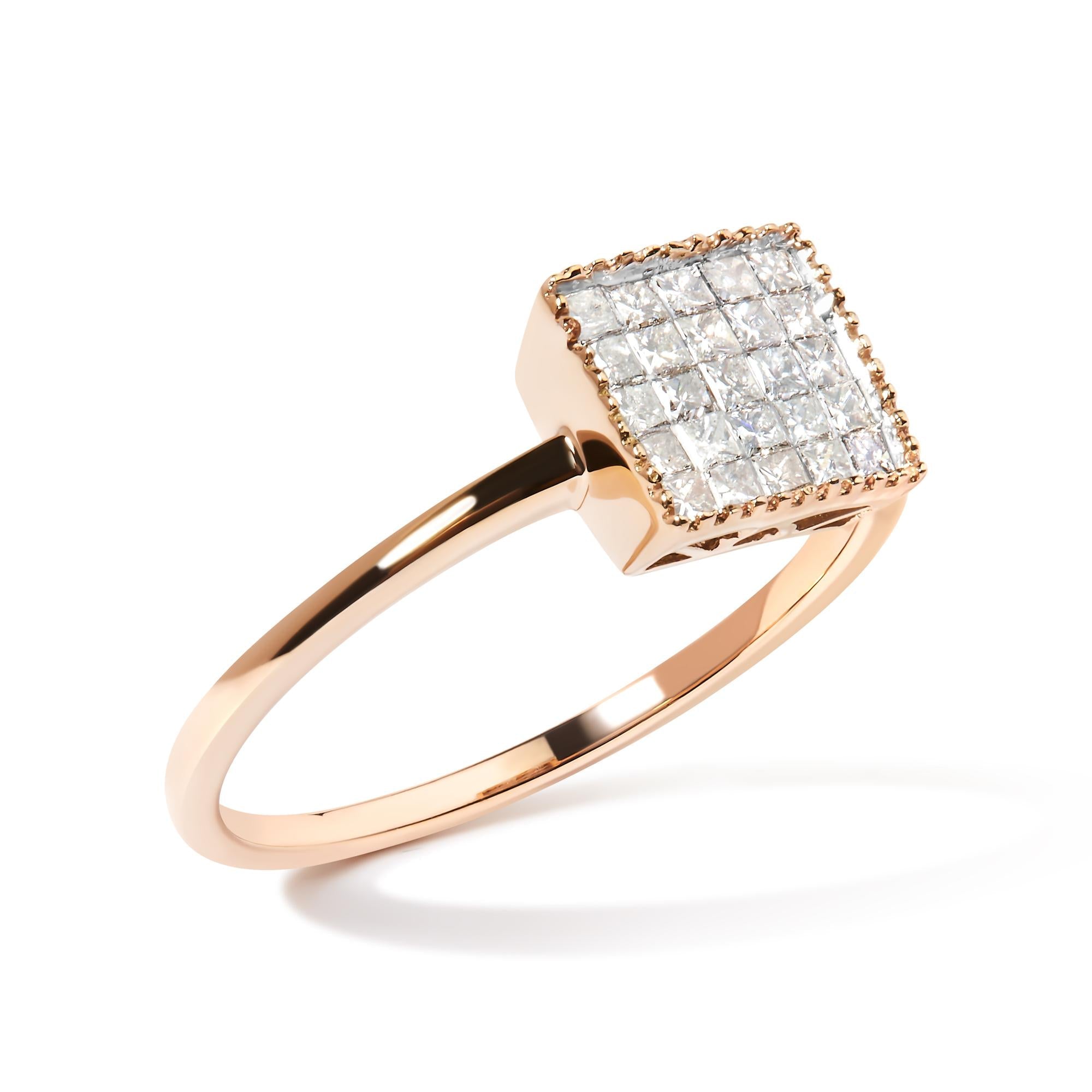 10K Rose Gold 1/3 Cttw Invisible Set Princess Cut Diamond Composite Square Shape Ring for Women (H-I color, I1-I2 clarity)