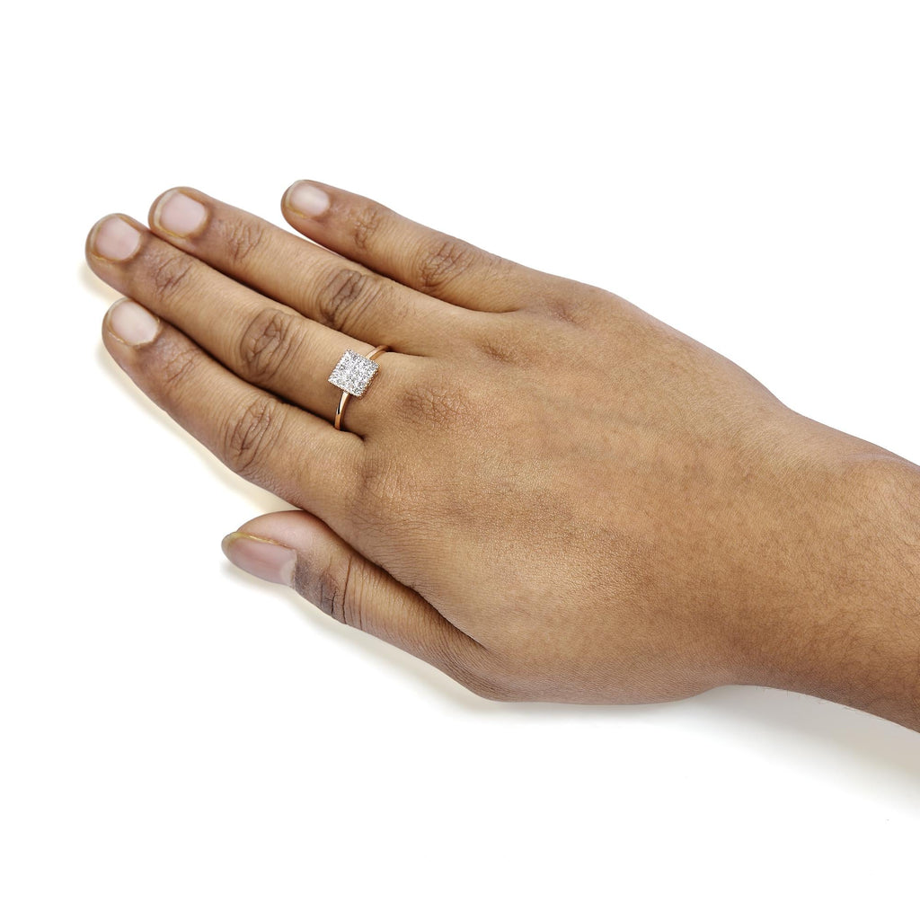 10K Rose Gold 1/3 Cttw Invisible Set Princess Cut Diamond Composite Square Shape Ring for Women (H-I color, I1-I2 clarity)