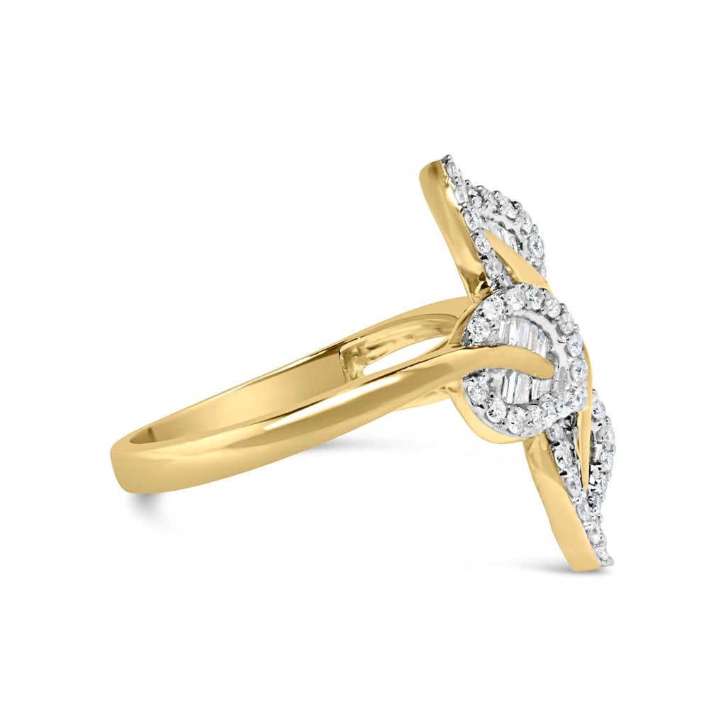 10k Yellow and White Gold 1/2 Cttw Baguette and Round Diamond Bypass Triple Leaf Ring (I-J Color, I1-I2 Clarity)