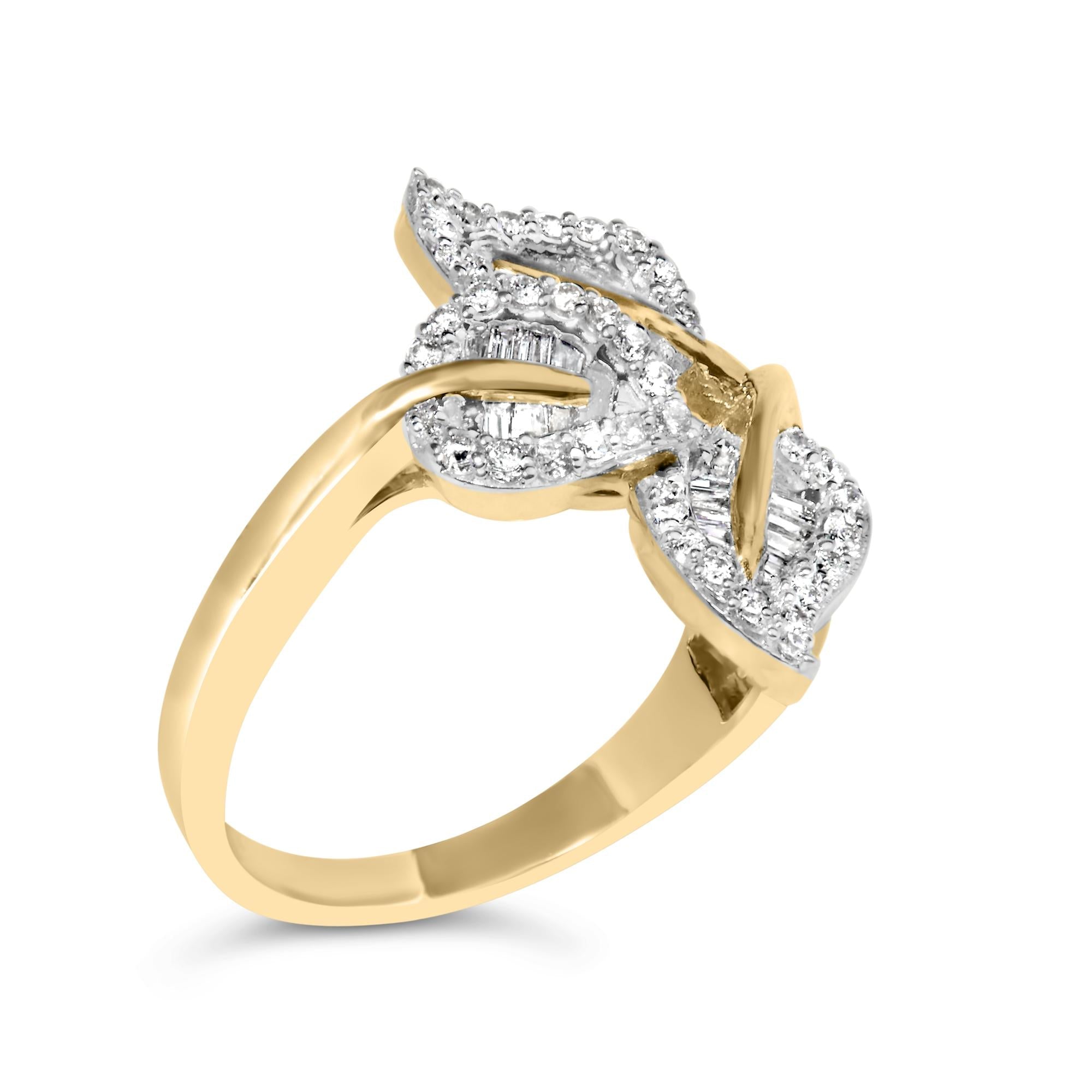 10k Yellow and White Gold 1/2 Cttw Baguette and Round Diamond Bypass Triple Leaf Ring (I-J Color, I1-I2 Clarity)