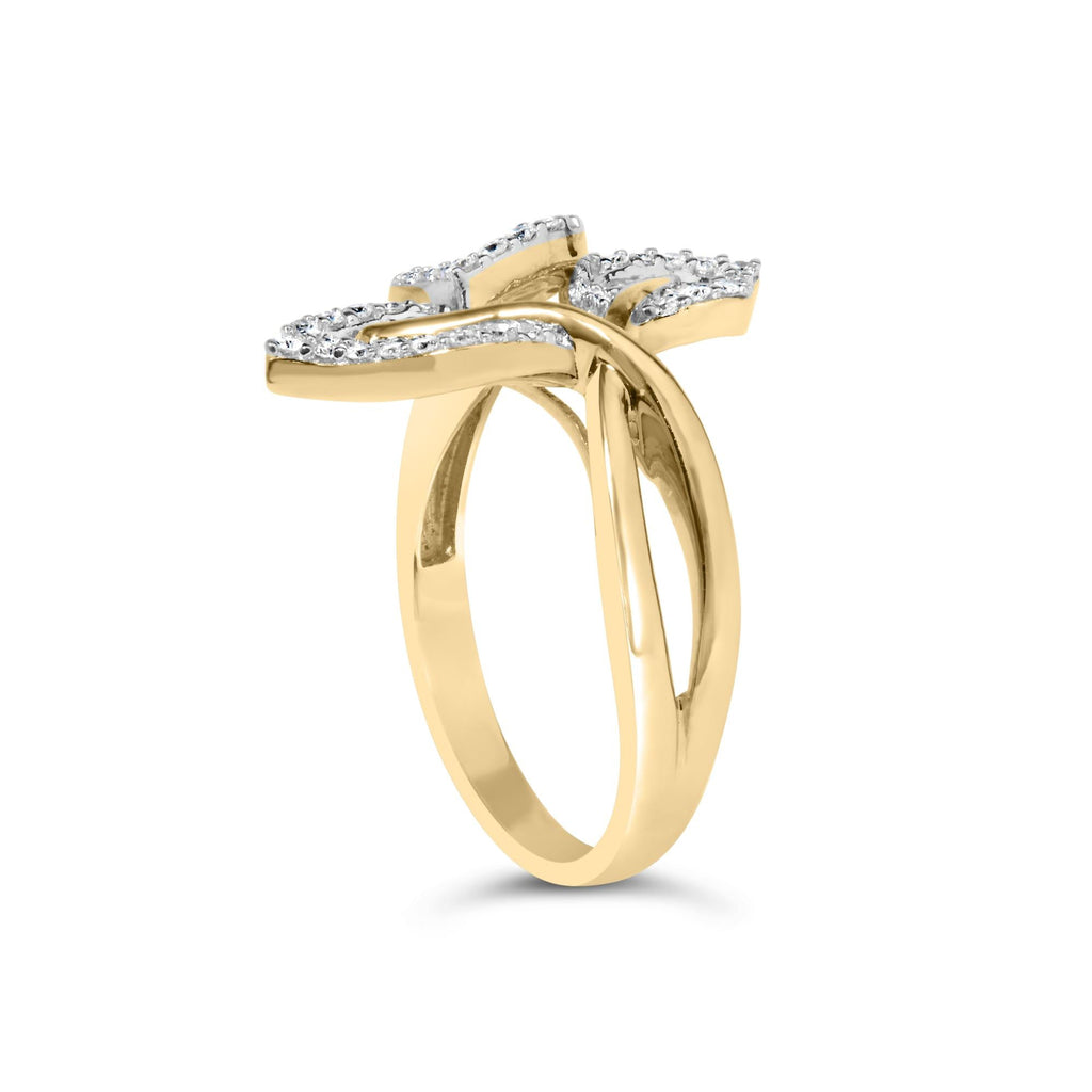 18K Yellow and White Gold Plated .925 Sterling Silver 3/8 Cttw Baguette and Round Diamond Bypass Triple Leaf Ring (I-J Color, I1-I2 Clarity)