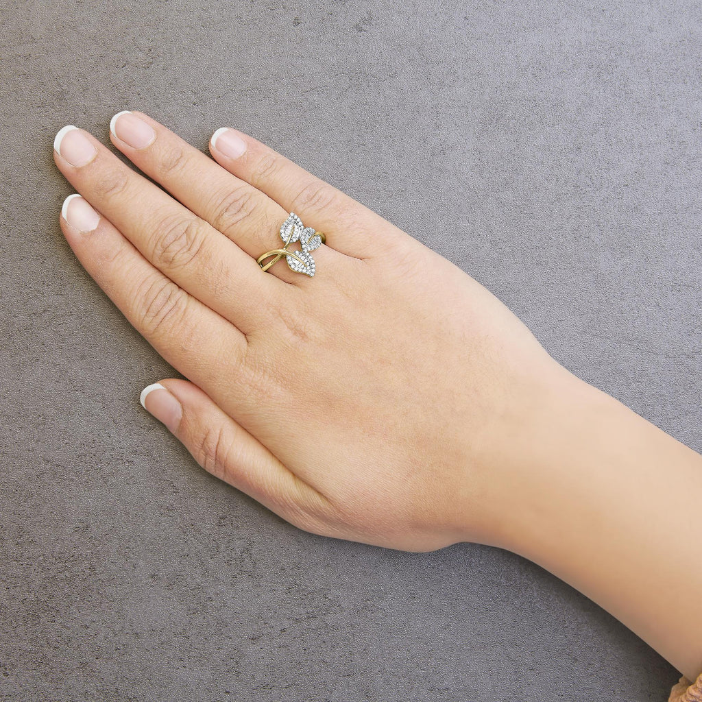 10k Yellow and White Gold 1/2 Cttw Baguette and Round Diamond Bypass Triple Leaf Ring (I-J Color, I1-I2 Clarity)