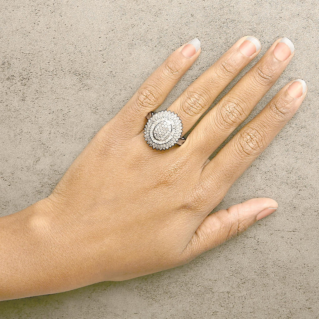 Sterling Silver 2.0 Cttw Diamond Oval Halo Cocktail Ring