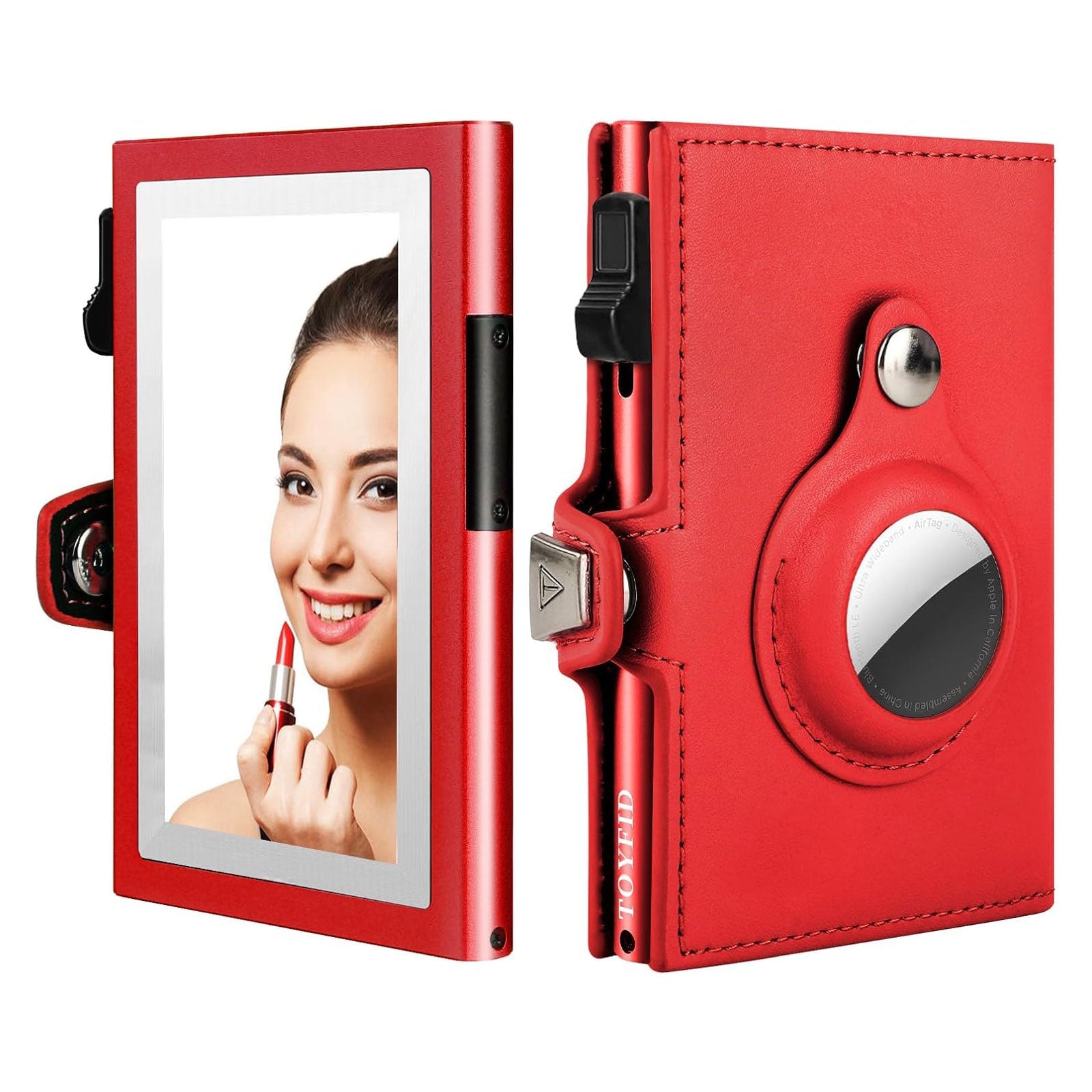 Women's Wallet for Airtag, Small Pretty Wallet with Mirror for Women, Pop-Up Wallet Compatible with Airtag, Tri-fold Genuine Leather Wallet Women with Mirror