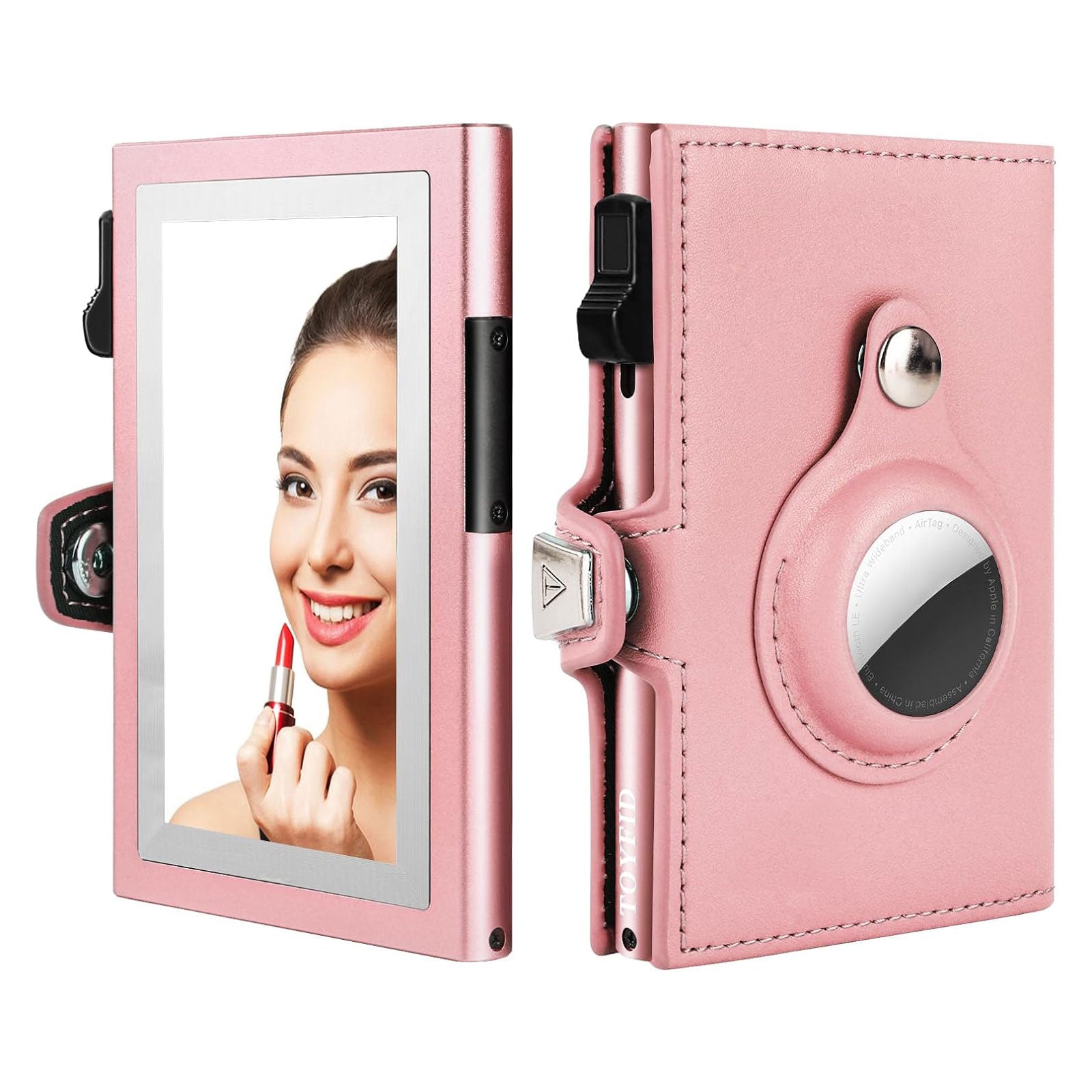 Women's Wallet for Airtag, Small Pretty Wallet with Mirror for Women, Pop-Up Wallet Compatible with Airtag, Tri-fold Genuine Leather Wallet Women with Mirror