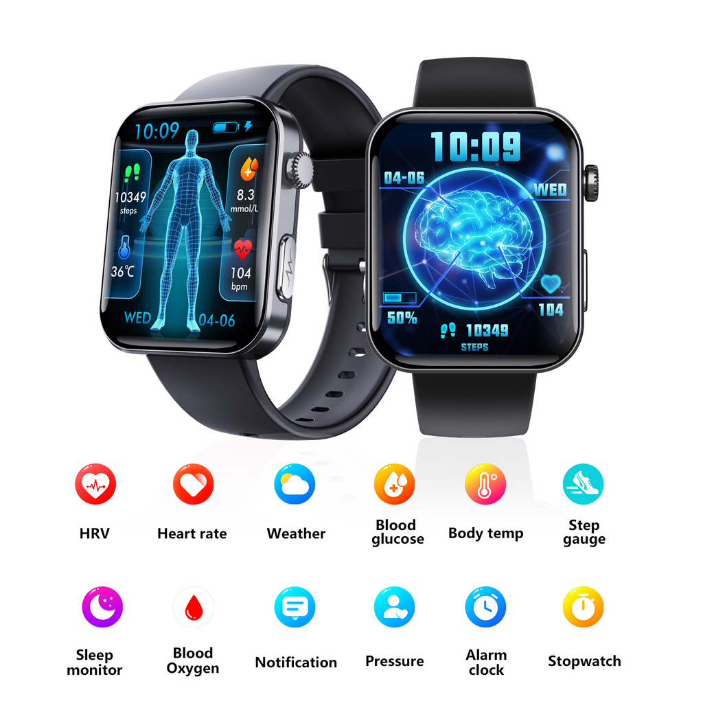 ECG smartwatch with blood pressure monitor, body temperature, blood glucose, heart rate, blood oxygen