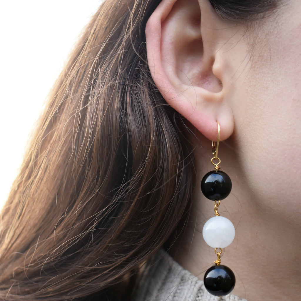 White Agate and Black Onyx Yellow Gold Vermeil, 9k or 18k Gold Earrings, Bold and Beautiful Statement Jewelry, Gold Vermeil Earrings, Bloom Collection | by nlanlaVictory