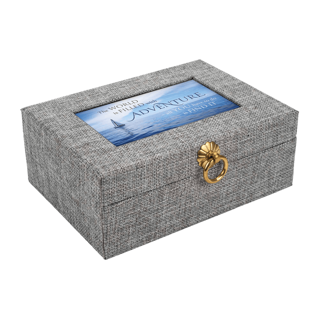 Adventure Awaits Grey Linen Music Box With Jewellery Insert