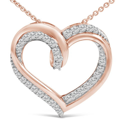 14K Rose Gold Plated Sterling Silver 1/2 Cttw Diamond Open Heart Pendant Necklace-1