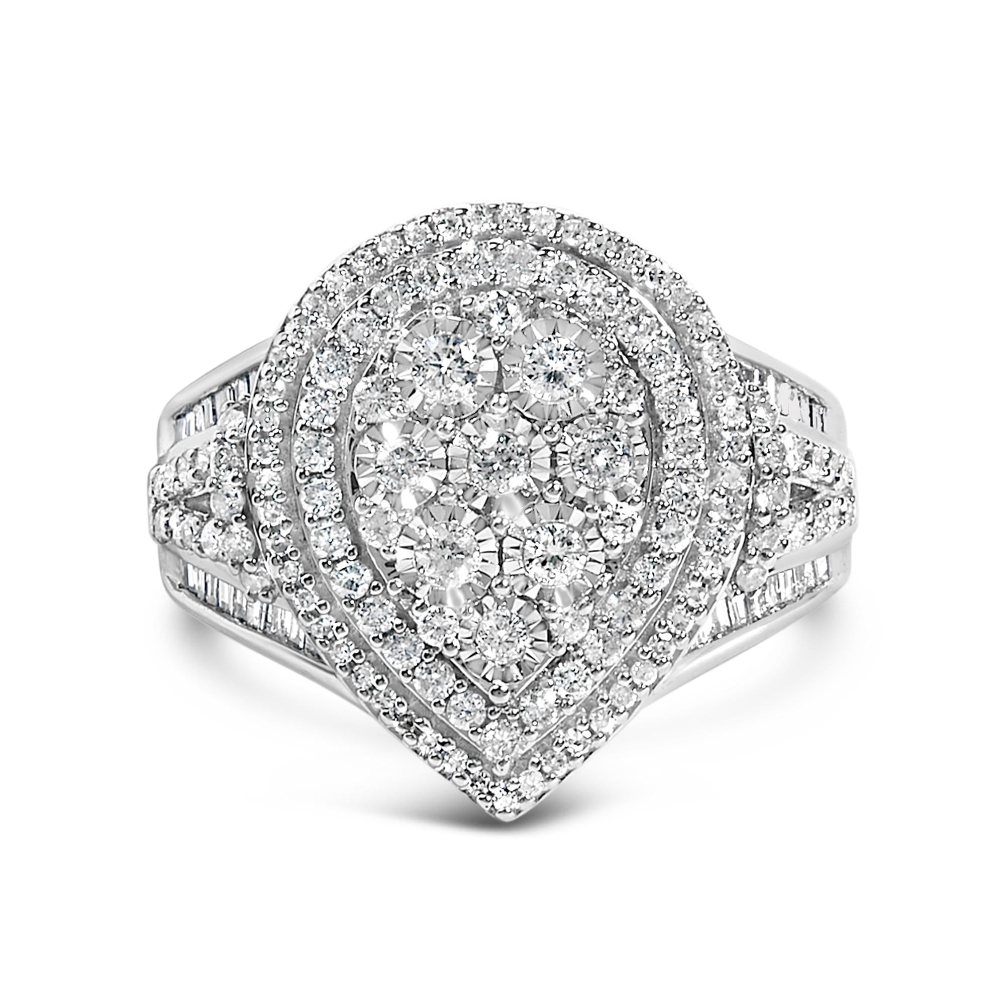 Sterling Silver 1 Cttw Diamond Pear-Shaped Triple Halo Cluster Ring