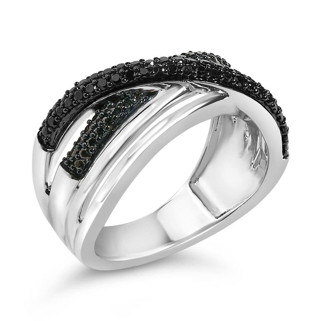 Sterling Silver 1/2 Cttw Black and Blue Diamond Crossover Bypass Ring