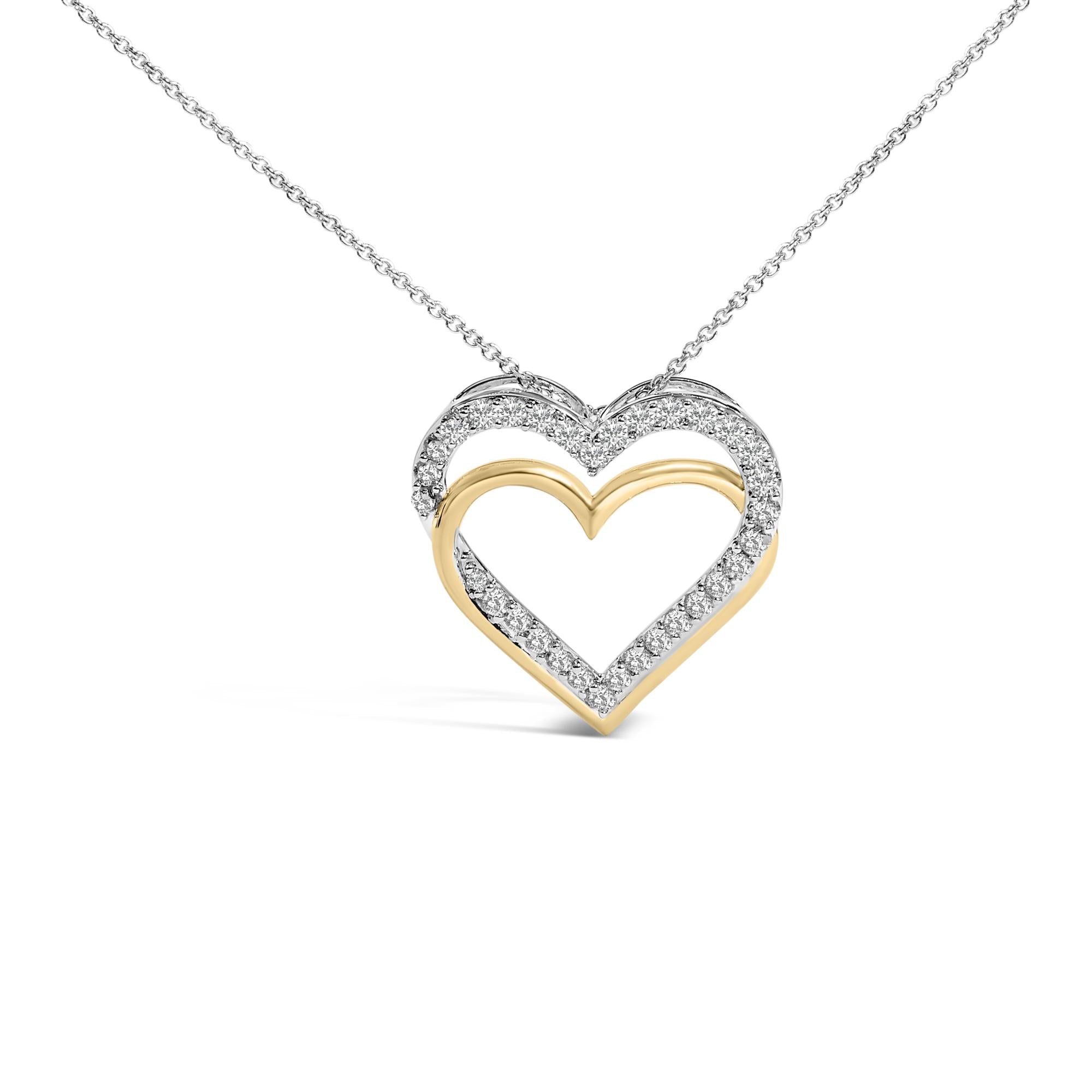 14K Yellow Gold Plated Sterling Silver 1.00 Cttw Diamond Double Heart Pendant Necklace-0