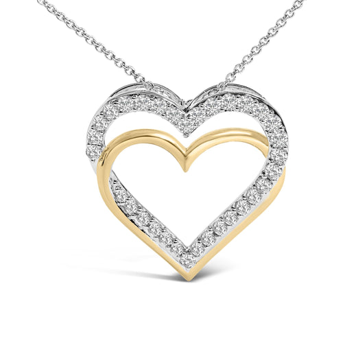 14K Yellow Gold Plated Sterling Silver 1.00 Cttw Diamond Double Heart Pendant Necklace-1