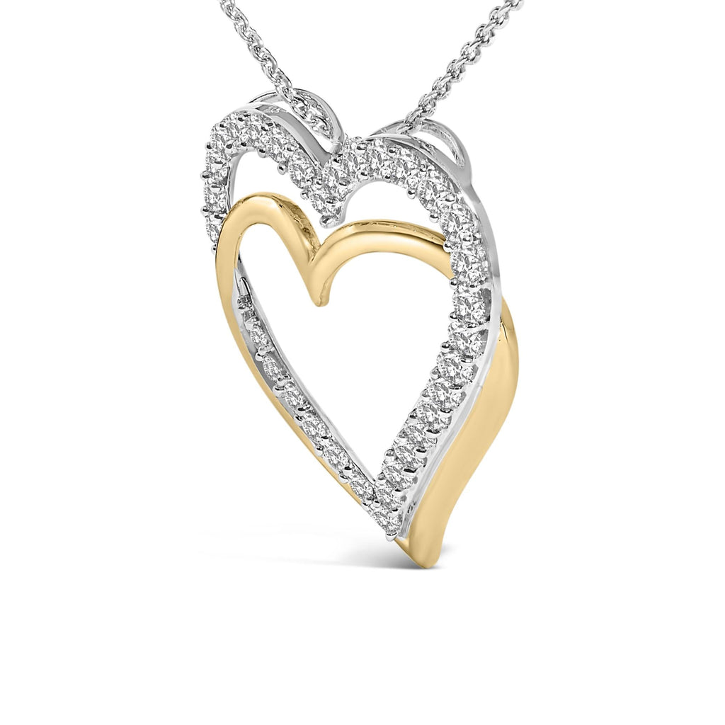 14K Yellow Gold Plated Sterling Silver 1.00 Cttw Diamond Double Heart Pendant Necklace-3