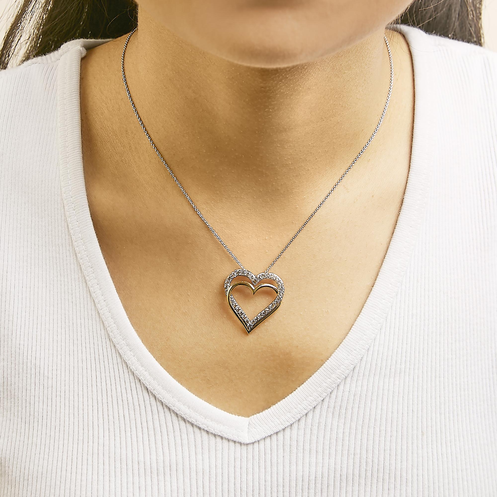 14K Yellow Gold Plated Sterling Silver 1.00 Cttw Diamond Double Heart Pendant Necklace-2