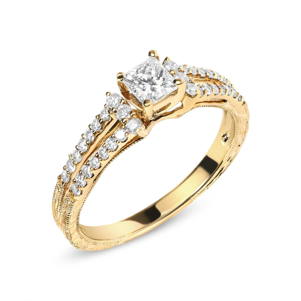 14K Yellow Gold Diamond 5/8 Cttw Princess Diamond Split Shank and Milgrain Engagement Ring (G-H Color, VS2-SI1 Clarity) - Size 7