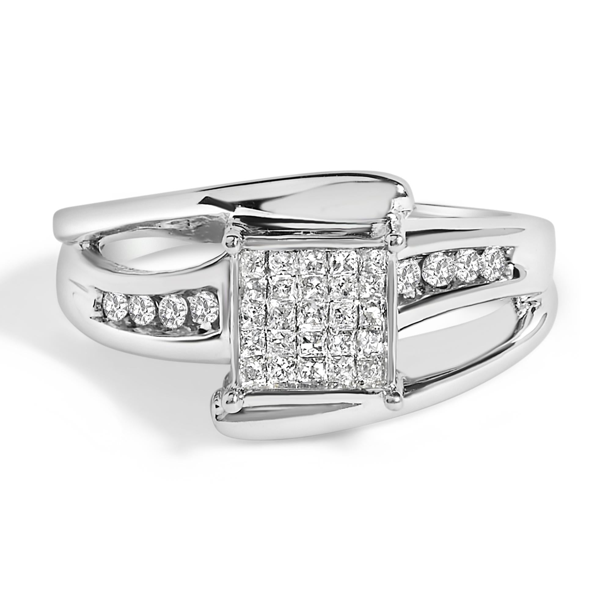 10K White Gold 1/3 Cttw Invisible Set Princess-cut Diamond Cluster Bypass Ring (H-I Color, SI1-SI2 Clarity)