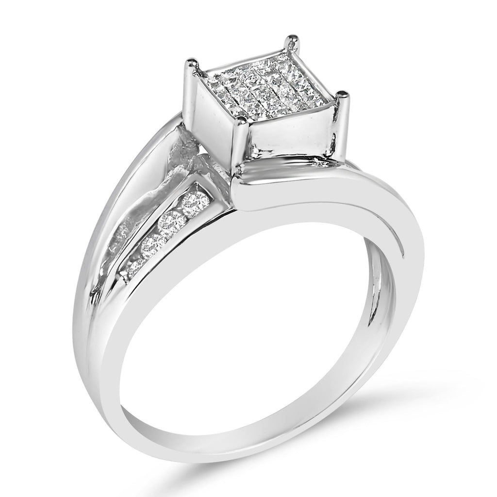 10K White Gold 1/3 Cttw Invisible Set Princess-cut Diamond Cluster Bypass Ring (H-I Color, SI1-SI2 Clarity)