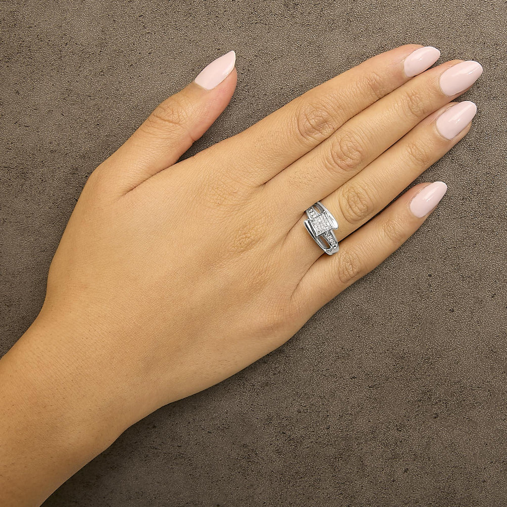 10K White Gold 1/3 Cttw Invisible Set Princess-cut Diamond Cluster Bypass Ring (H-I Color, SI1-SI2 Clarity)