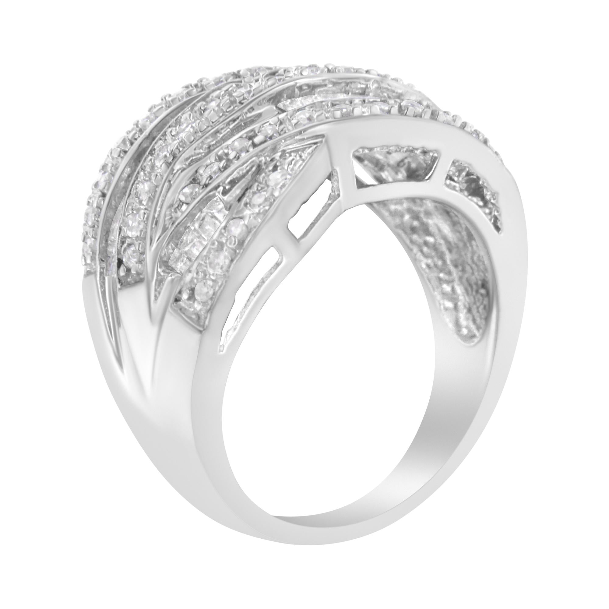.925 Sterling Silver 1.0 Cttw Channel Set Alternating Round and Baguette Diamond Cross-over Bypass Ring Band (I-J Color, I2-I3 Clarity)