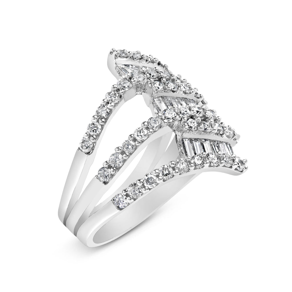 18K White Gold 1 3/4 Cttw Diamond Multi Crossover and Split Shank Cocktail Ring