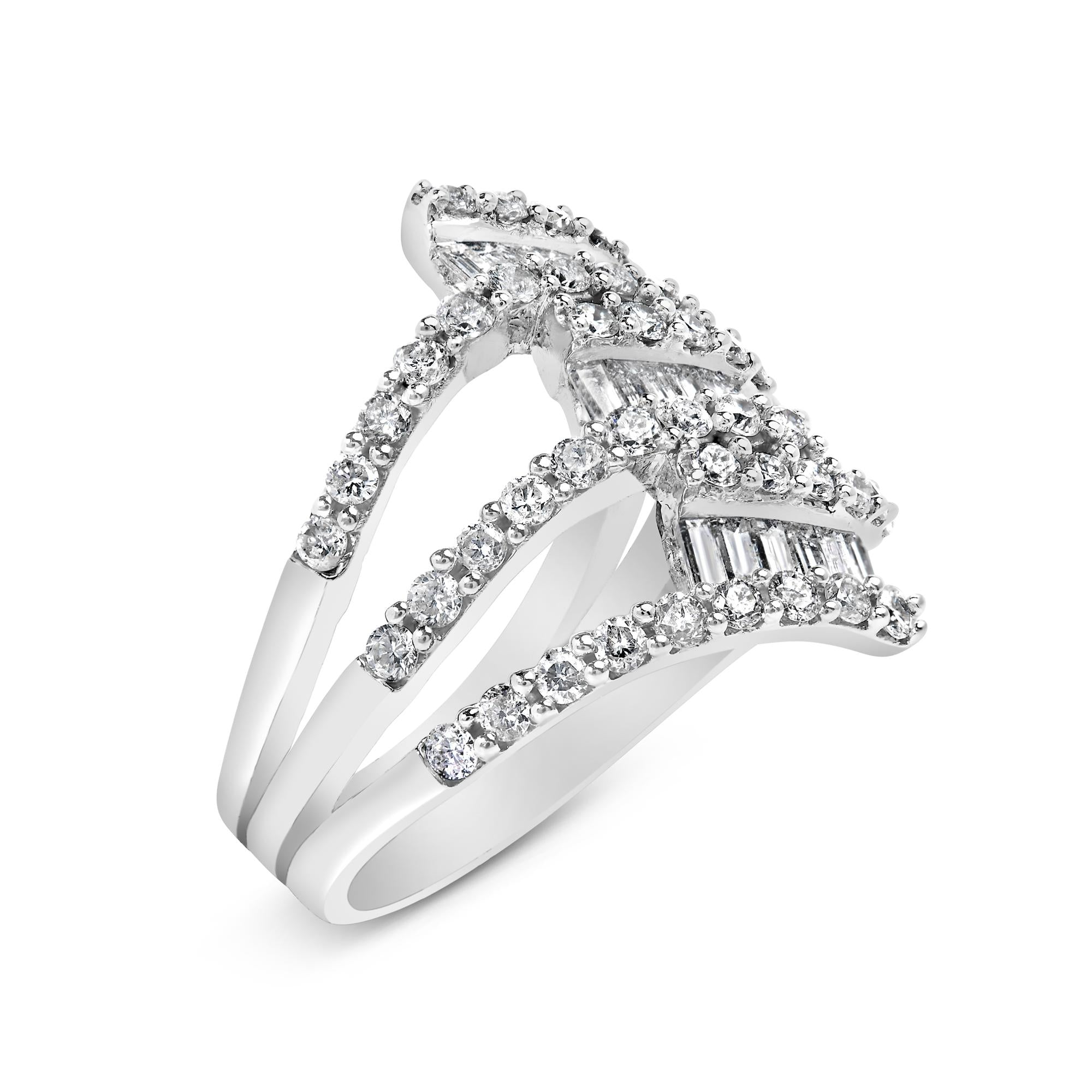 18K White Gold 1 3/4 Cttw Diamond Multi Crossover and Split Shank Cocktail Ring