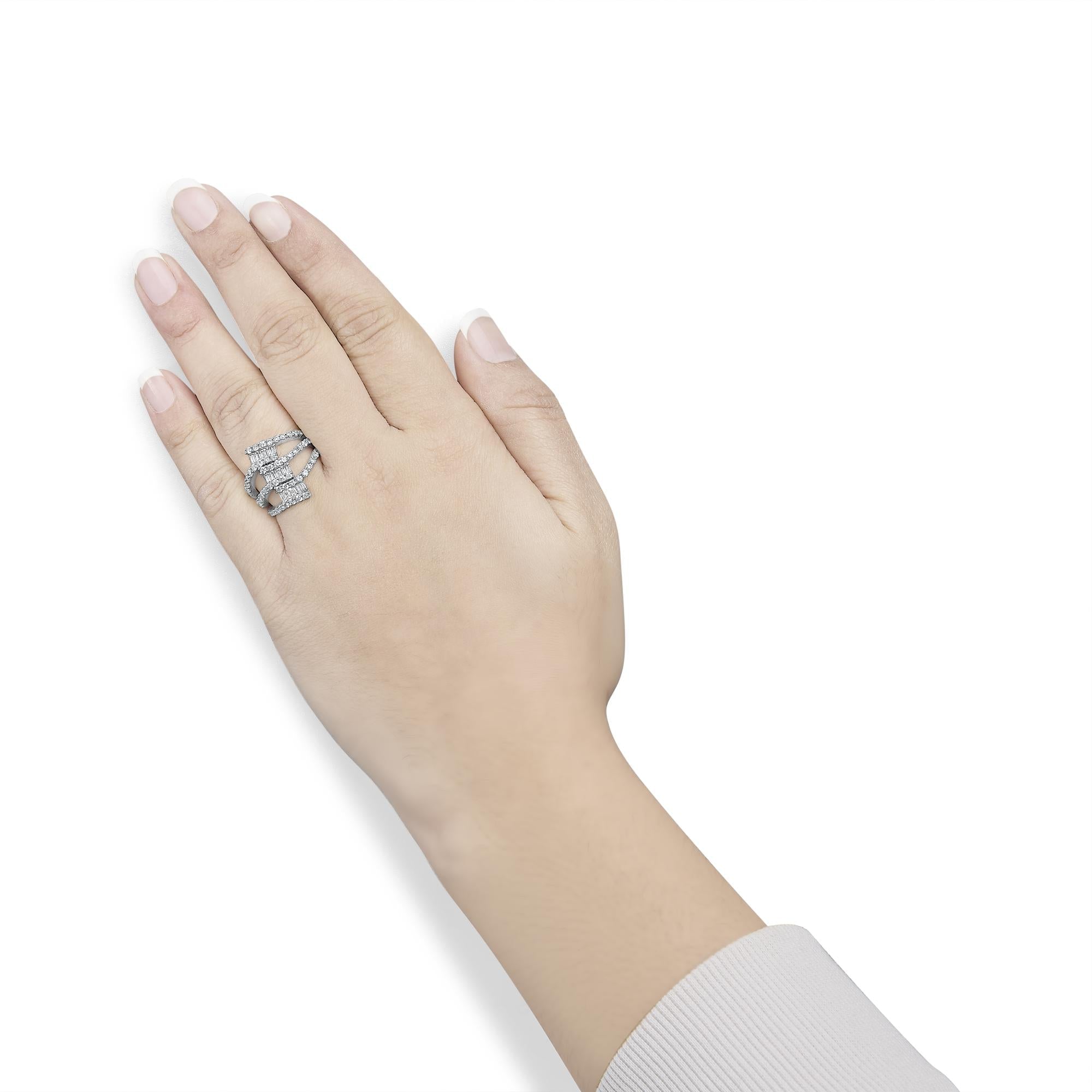 18K White Gold 1 3/4 Cttw Diamond Multi Crossover and Split Shank Cocktail Ring