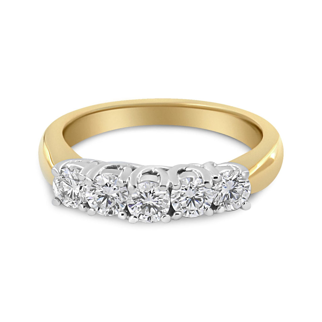 18K Yellow Gold 1.0 Cttw 4 Prong Set Round Cut Diamond Step up 5 Stone Ring Band (F-G Color, SI1-SI2 Clarity)