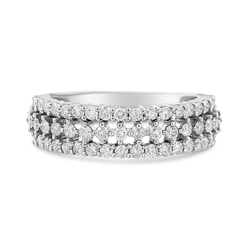 14K White Gold 1.0 Cttw Prong Set Round Diamond Split Shank Three Row Band Ring (H-I Color, I2-I3 Clarity)