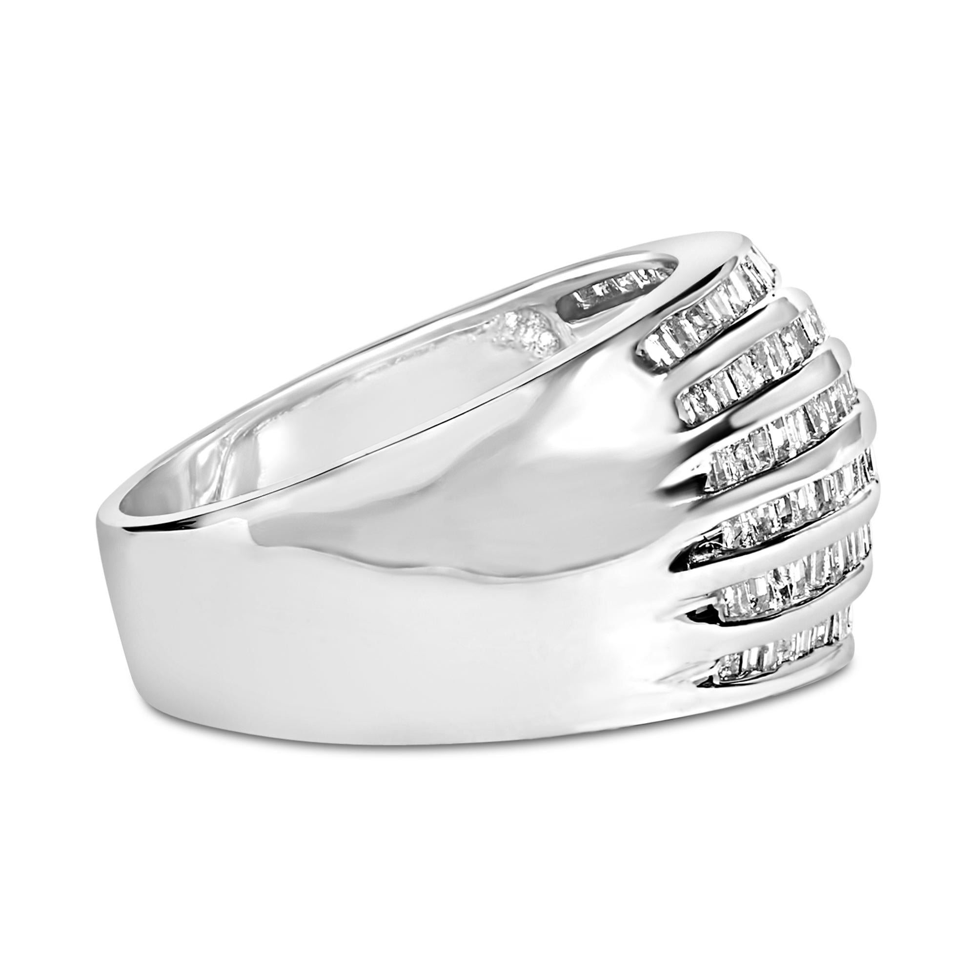 Silver 1.0 Cttw Channel Set Baguette Diamond 6-Row Domed Cocktail Ring