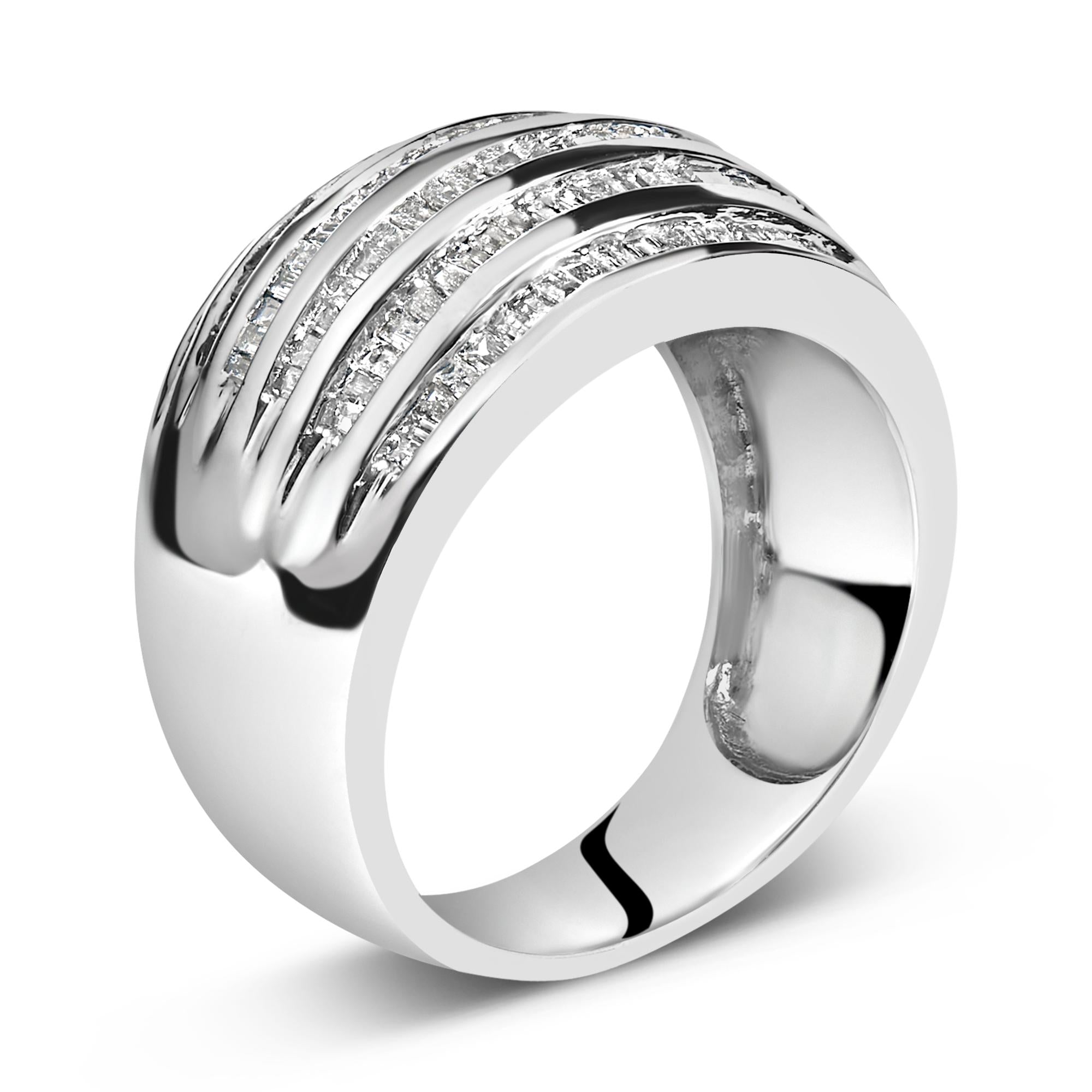 .925 Sterling Silver 1.0 Cttw Baguette-Cut Diamond 6-Row Channel Set Domed Tapered Cocktail Fashion Ring (H-I Color, I2-I3 Clarity)