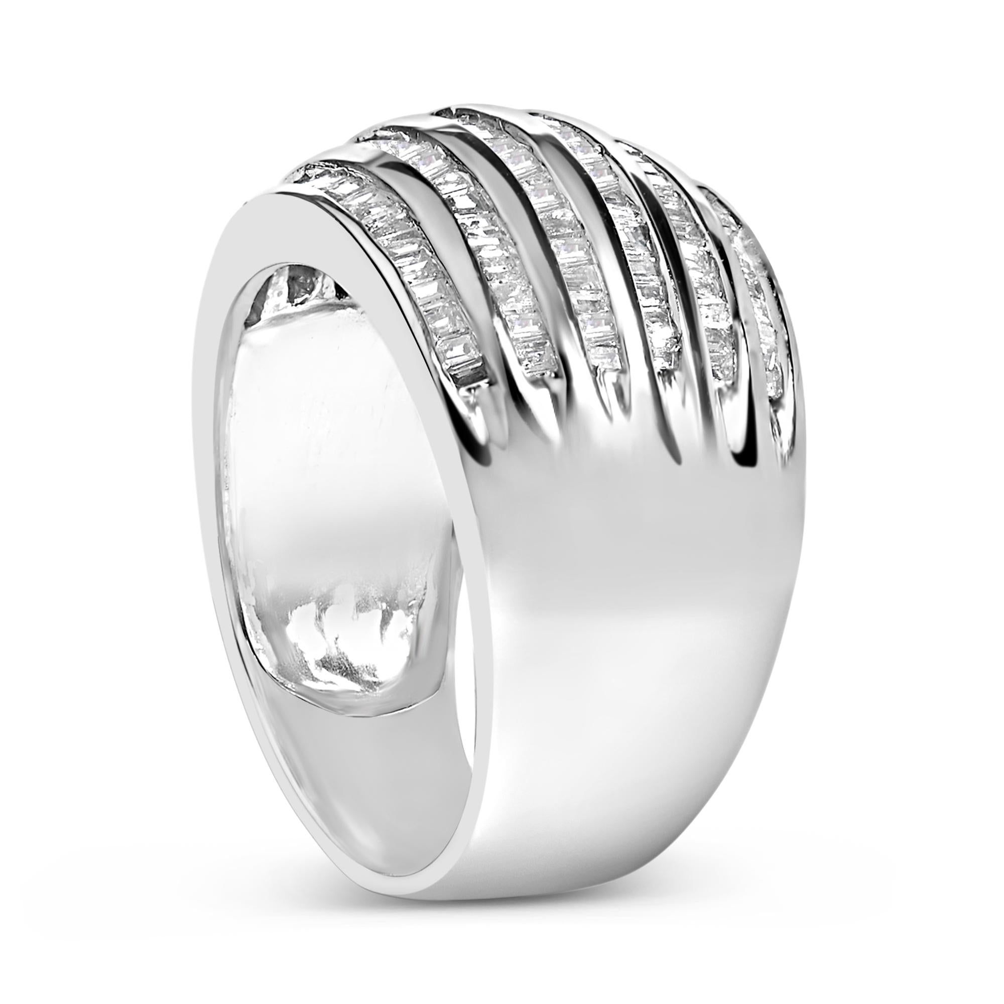 Silver 1.0 Cttw Channel Set Baguette Diamond 6-Row Domed Cocktail Ring