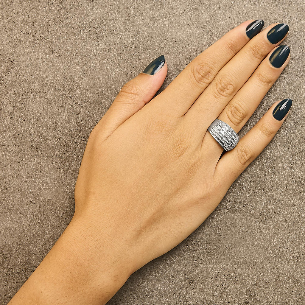 .925 Sterling Silver 1.0 Cttw Baguette-Cut Diamond 6-Row Channel Set Domed Tapered Cocktail Fashion Ring (H-I Color, I2-I3 Clarity)