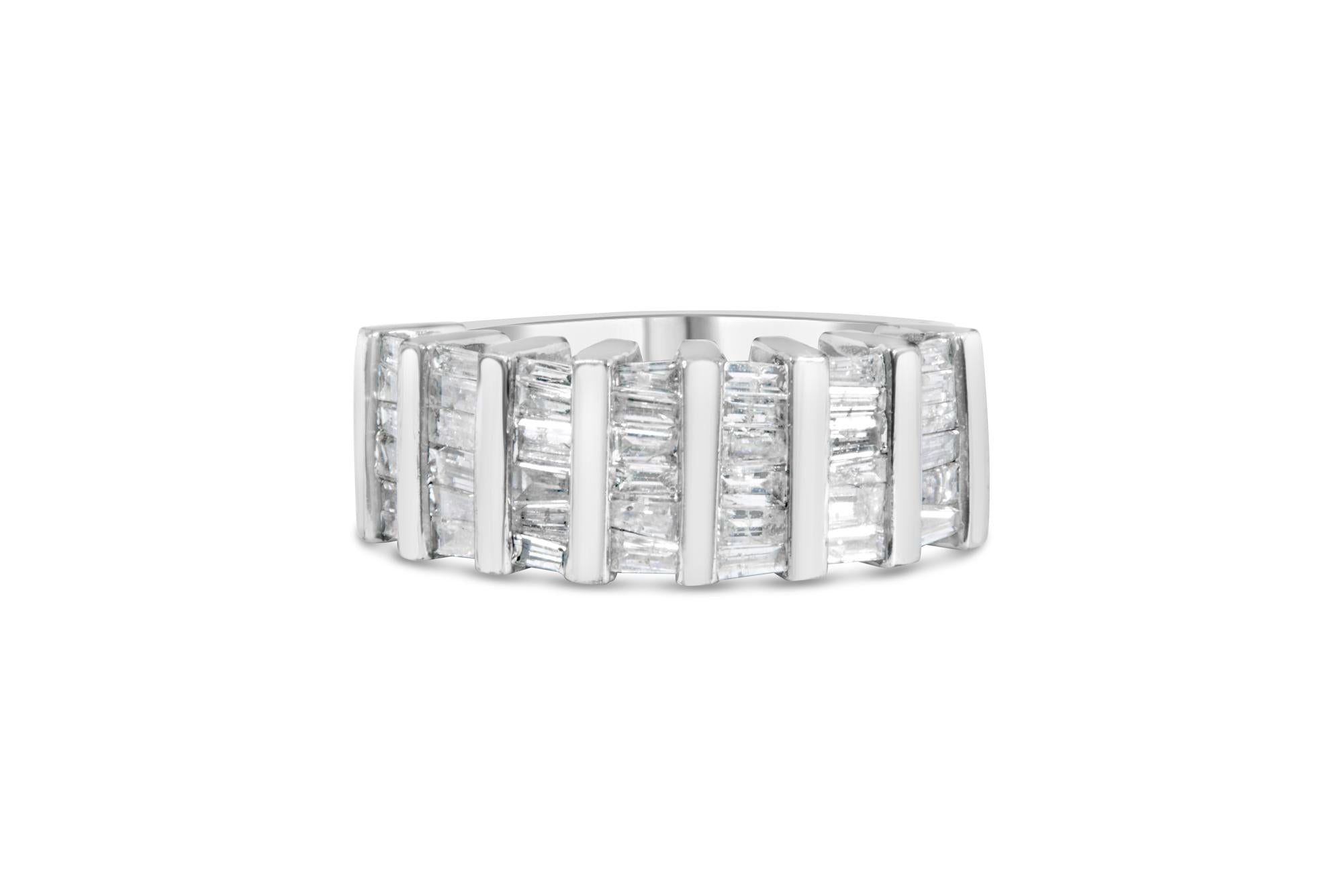 .925 Sterling Silver 1.0 Cttw Baguette Cut Diamond Vertical Channel Fluted Multi-Row Unisex Fashion Wedding Ring (H-I Color, I1-I2 Clarity)