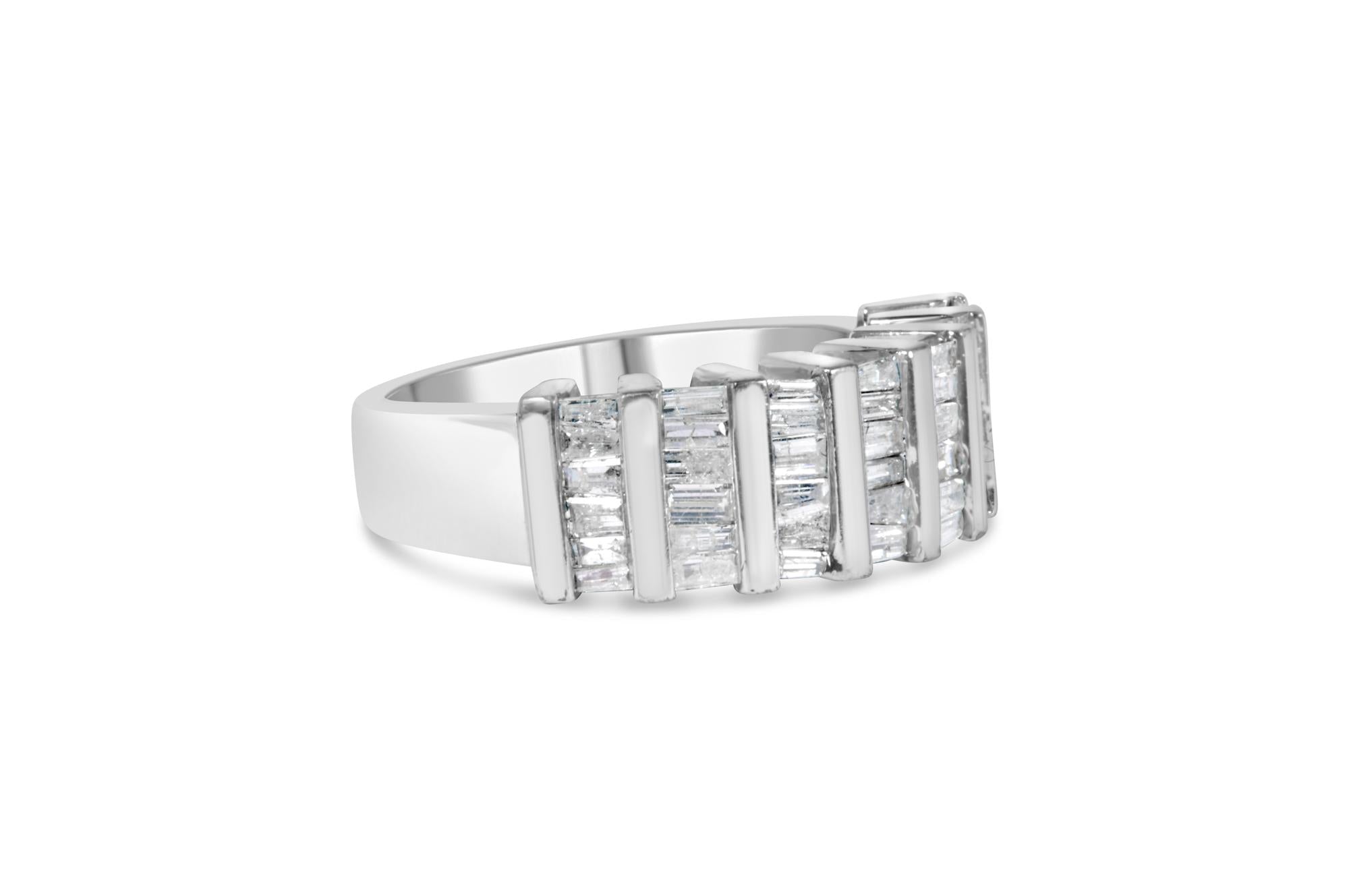 .925 Sterling Silver 1.0 Cttw Baguette Cut Diamond Vertical Channel Fluted Multi-Row Unisex Fashion Wedding Ring (H-I Color, I1-I2 Clarity)