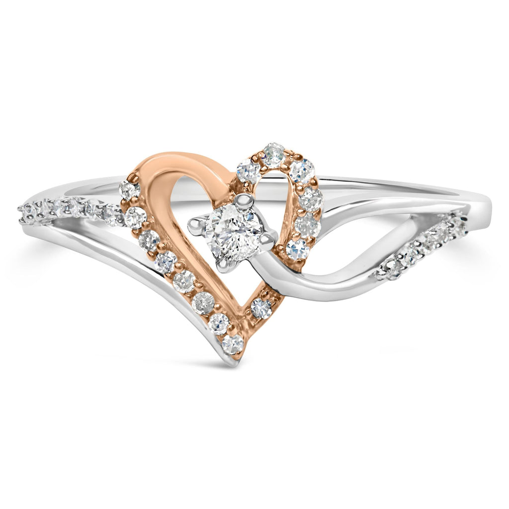 10K Rose Gold Plated .925 Sterling Silver 1/5 Cttw Diamond Two Tone Open Heart Promise or Fashion Ring (I-J Color, I2-I3 Clarity)