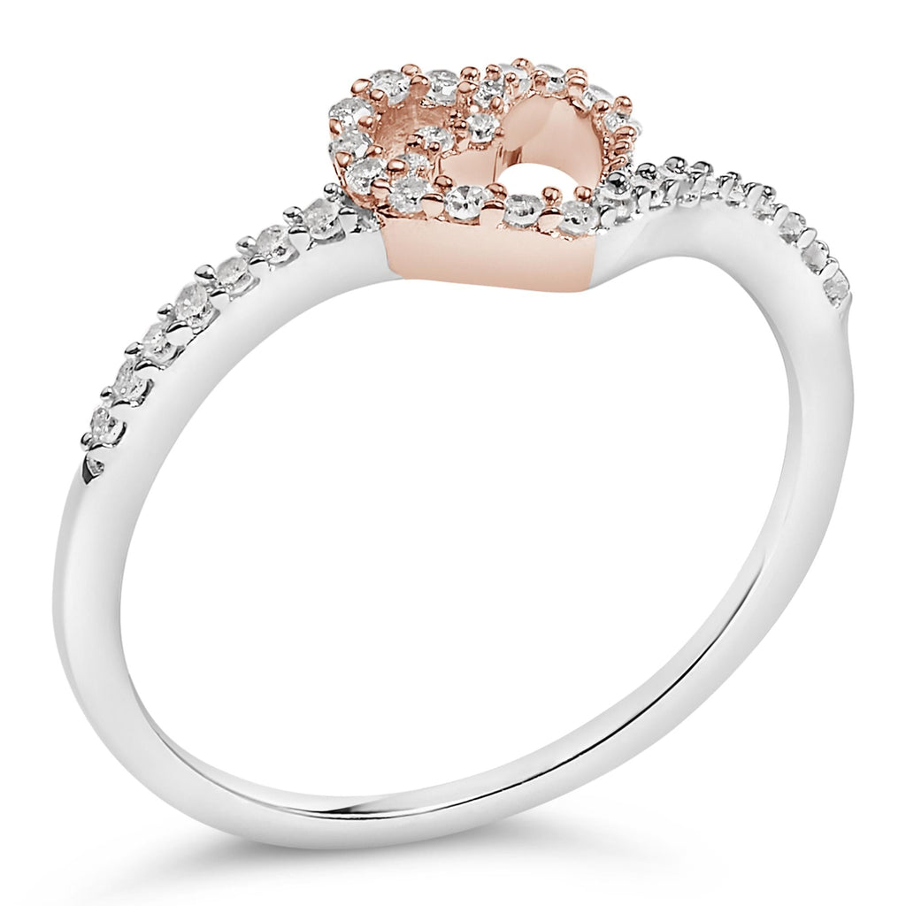 10K Rose Gold over .925 Sterling Silver 1/5 Cttw Diamond Two Tone Open Heart Promise or Fashion Ring (I-J Color, I2-I3 Clarity)