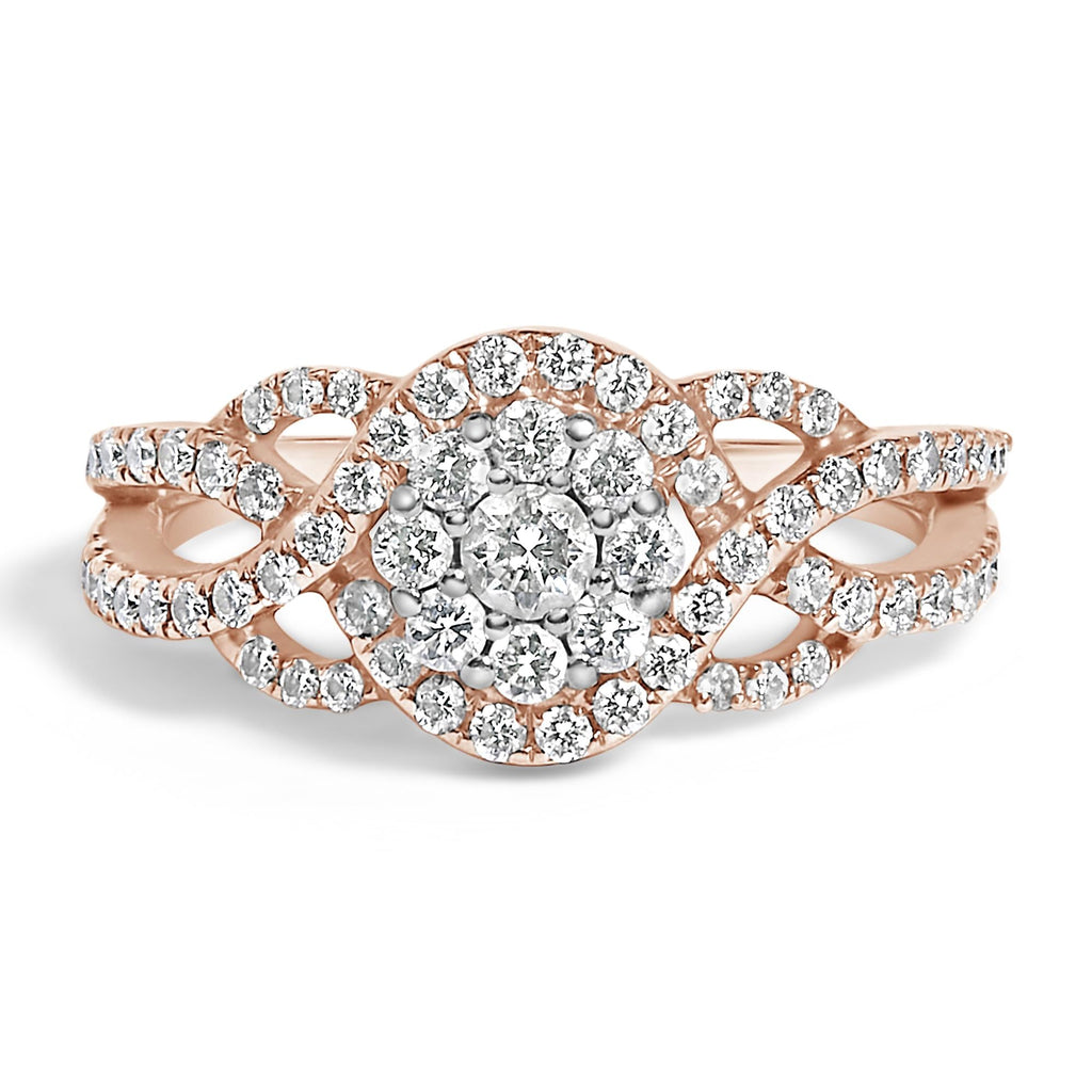 10K Rose Gold 3/4 Cttw Diamond Floral Cluster Head and Twisted Shank Cocktail  Ring (H-I Color, SI1-SI2 Clarity)-
