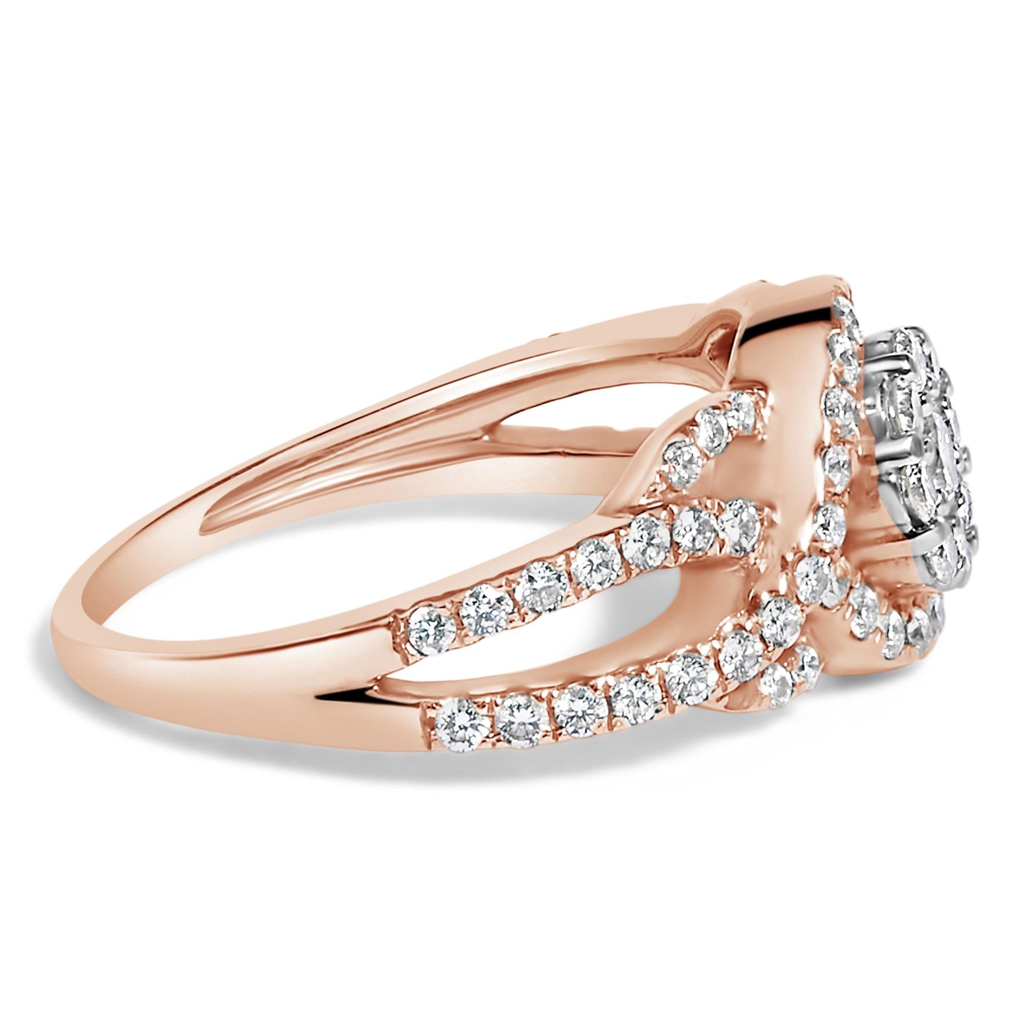 10K Rose Gold 3/4 Cttw Diamond Floral Cluster Head and Twisted Shank Cocktail  Ring (H-I Color, SI1-SI2 Clarity)-