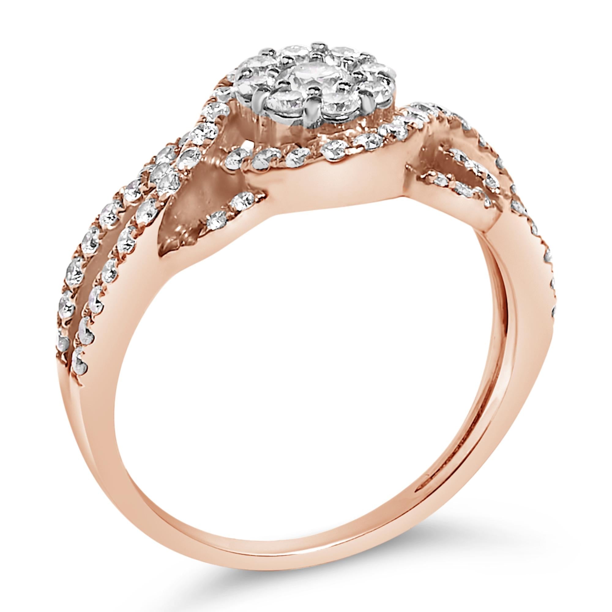 10K Rose Gold 3/4 Cttw Diamond Floral Cluster Head and Twisted Shank Cocktail  Ring (H-I Color, SI1-SI2 Clarity)-
